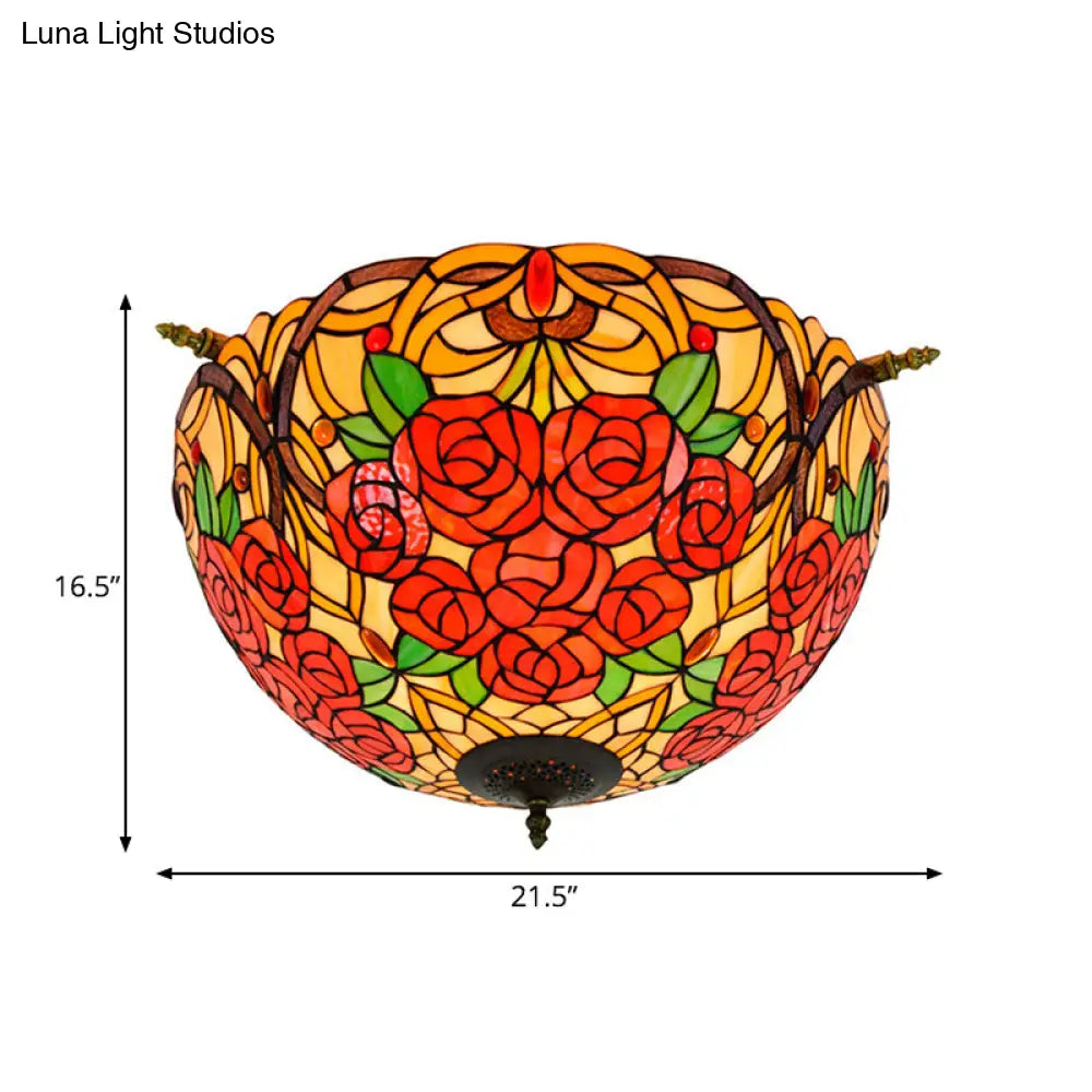 Victorian Hand Rolled Art Glass Rose Semi Flush Mount Ceiling Light With Brass Finish - 5 Bulbs