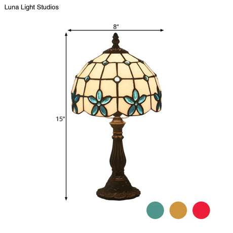 Victorian Lattice Glass Table Lamp - White Bowl Design 1 Light Red/Yellow/Blue Floral Pattern
