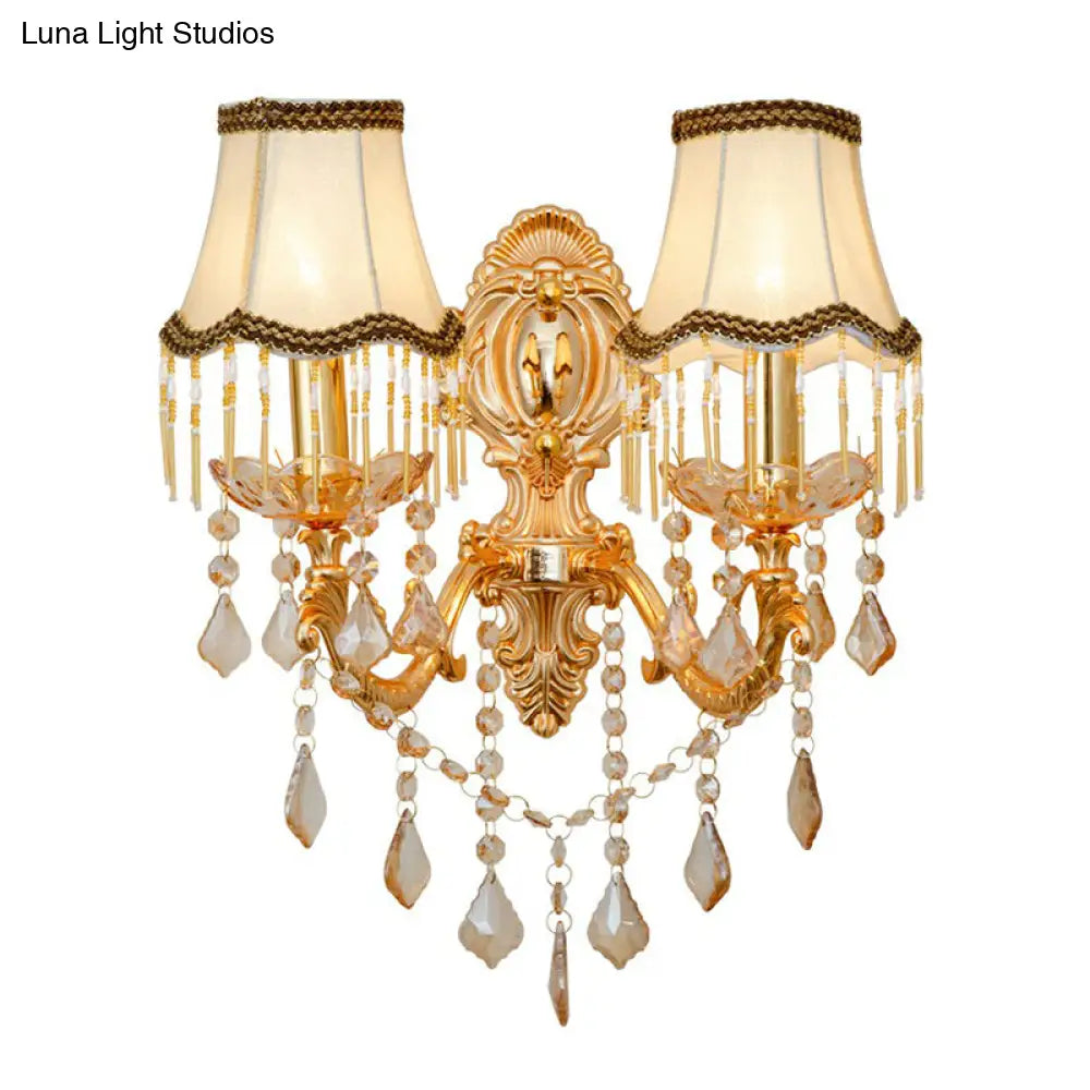 Victorian Metal Wall Sconce With Candlelight Shade And Crystal Décor