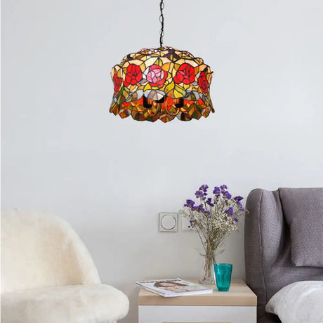 Victorian Red Stained Glass Drum Hanging Lamp Pendant Light Kit - Set Of 3 Bulbs Perfect For Living