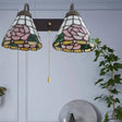 Victorian Rose Stained Glass Wall Sconce With 2 Pink Lights And Pull Chain Switch