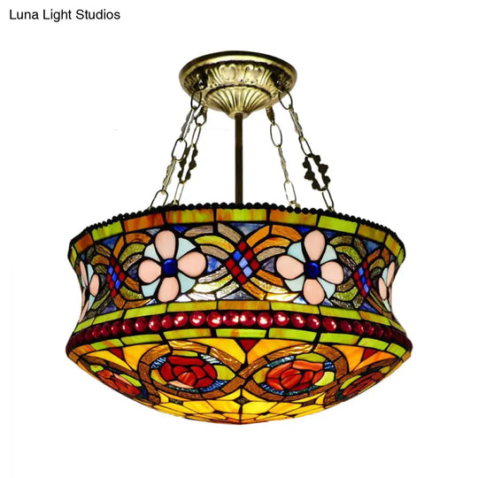 Victorian Stained Glass 5 - Light Semi Mount Ceiling Fixture For Bedroom - Brown