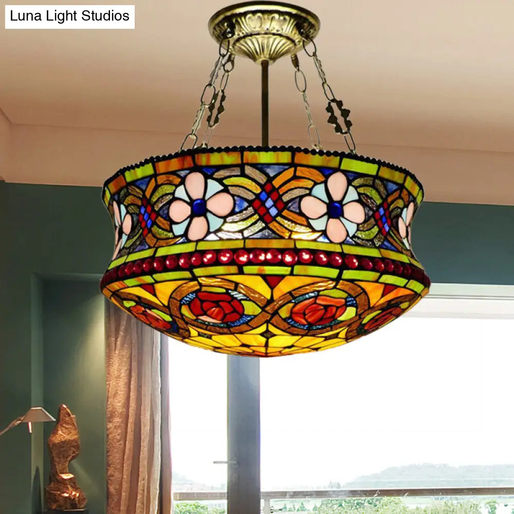 Victorian Stained Glass 5-Light Semi Mount Ceiling Fixture For Bedroom - Brown