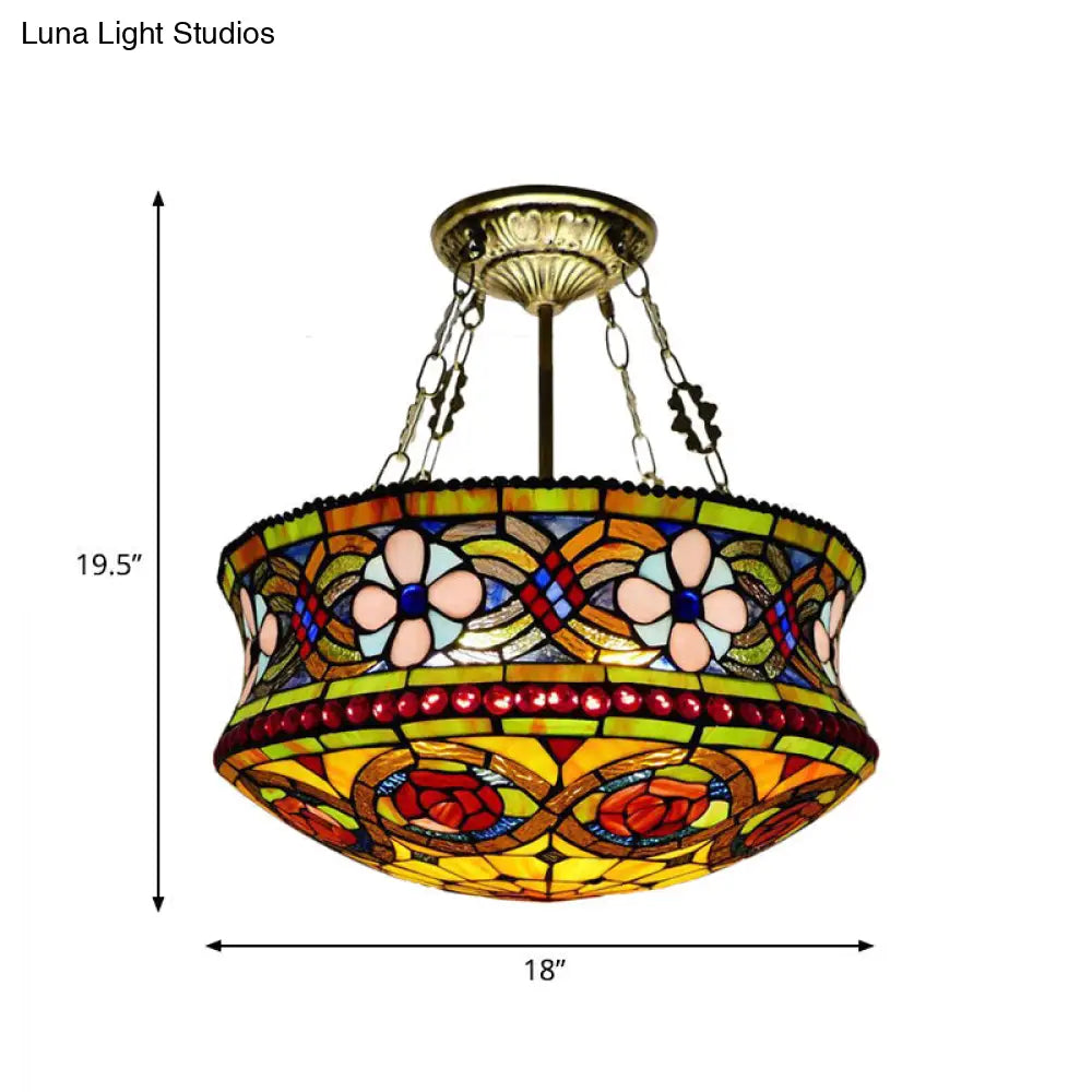Victorian Stained Glass 5-Light Semi Mount Ceiling Fixture For Bedroom - Brown