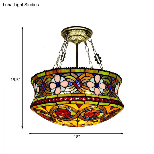Victorian Stained Glass 5-Light Semi Mount Ceiling Fixture For Bedroom - Brown