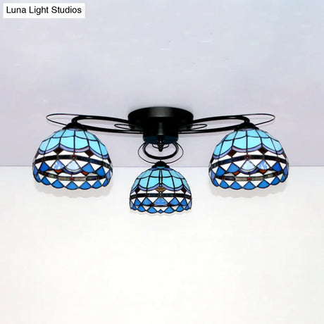 Victorian Stained Glass Ceiling Fixture - Dome Shape Black Flush Mount With 3 Lights