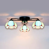 Victorian Stained Glass Ceiling Fixture - Dome Shape Black Flush Mount With 3 Lights / Blue Diamond