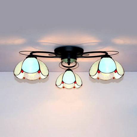 Victorian Stained Glass Ceiling Fixture - Dome Shape Black Flush Mount With 3 Lights / Blue Diamond