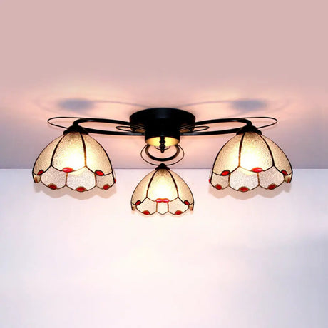 Victorian Stained Glass Ceiling Fixture - Dome Shape Black Flush Mount With 3 Lights / Diamond
