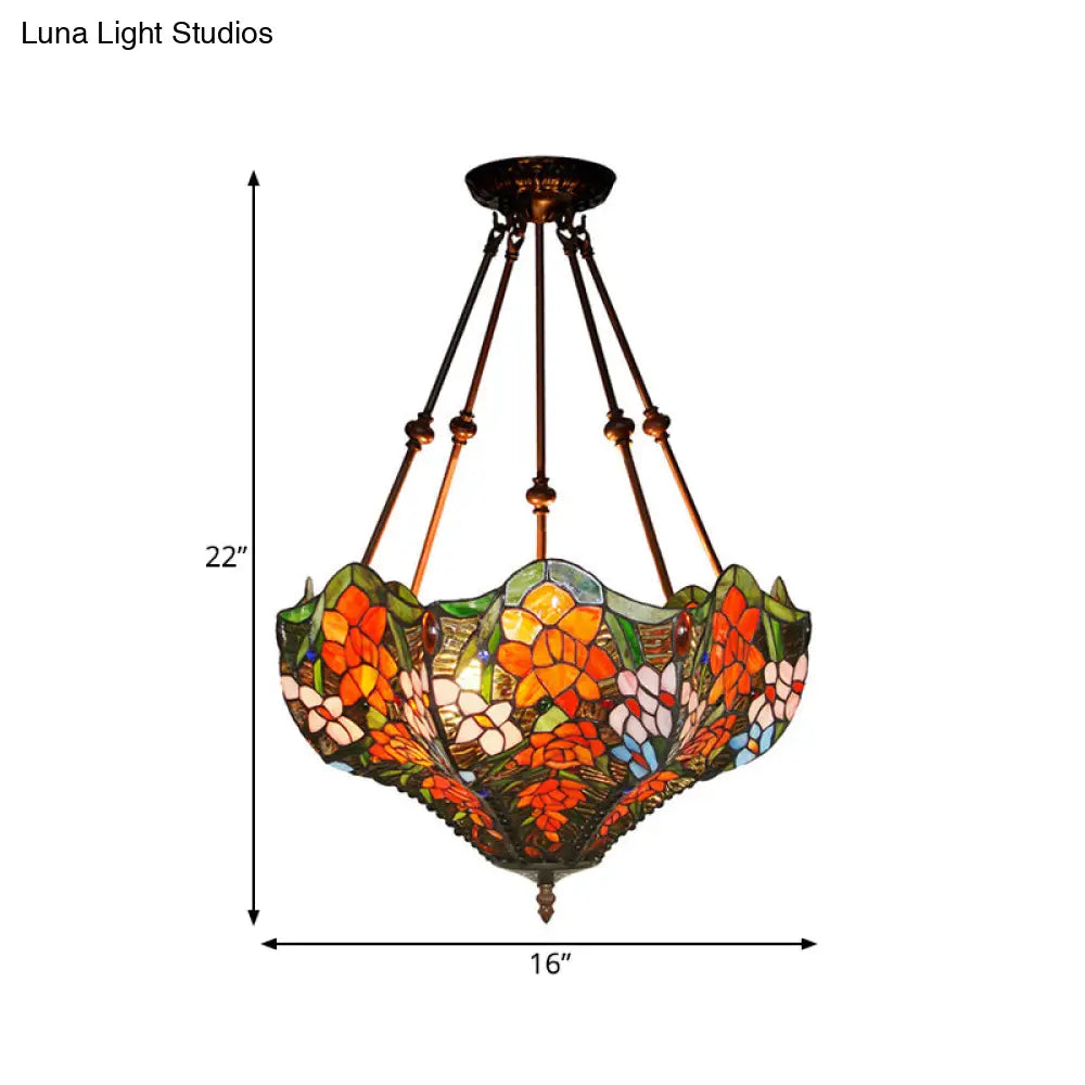 Victorian Stained Glass Ceiling Light With 3 Blossom Semi-Flush Mount Lights In Red/Orange/Green