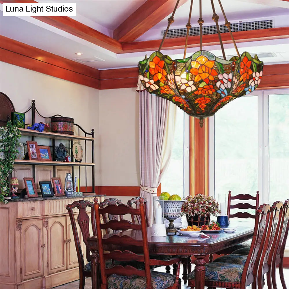 Victorian Stained Glass Ceiling Light With 3 Blossom Semi-Flush Mount Lights In Red/Orange/Green For
