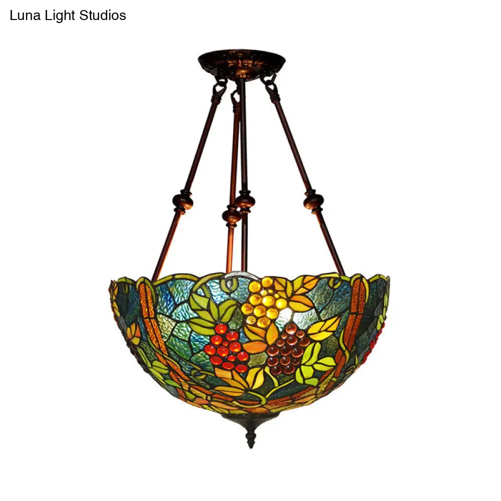 Victorian Stained Glass Ceiling Light With 3 Blossom Semi-Flush Mount Lights In Red/Orange/Green For