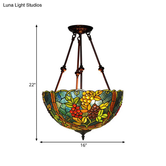 Victorian Stained Glass Ceiling Light With 3 Blossom Semi-Flush Mount Lights In Red/Orange/Green