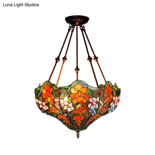 Victorian Stained Glass Ceiling Light With 3 Blossom Semi-Flush Mount Lights In Red/Orange/Green