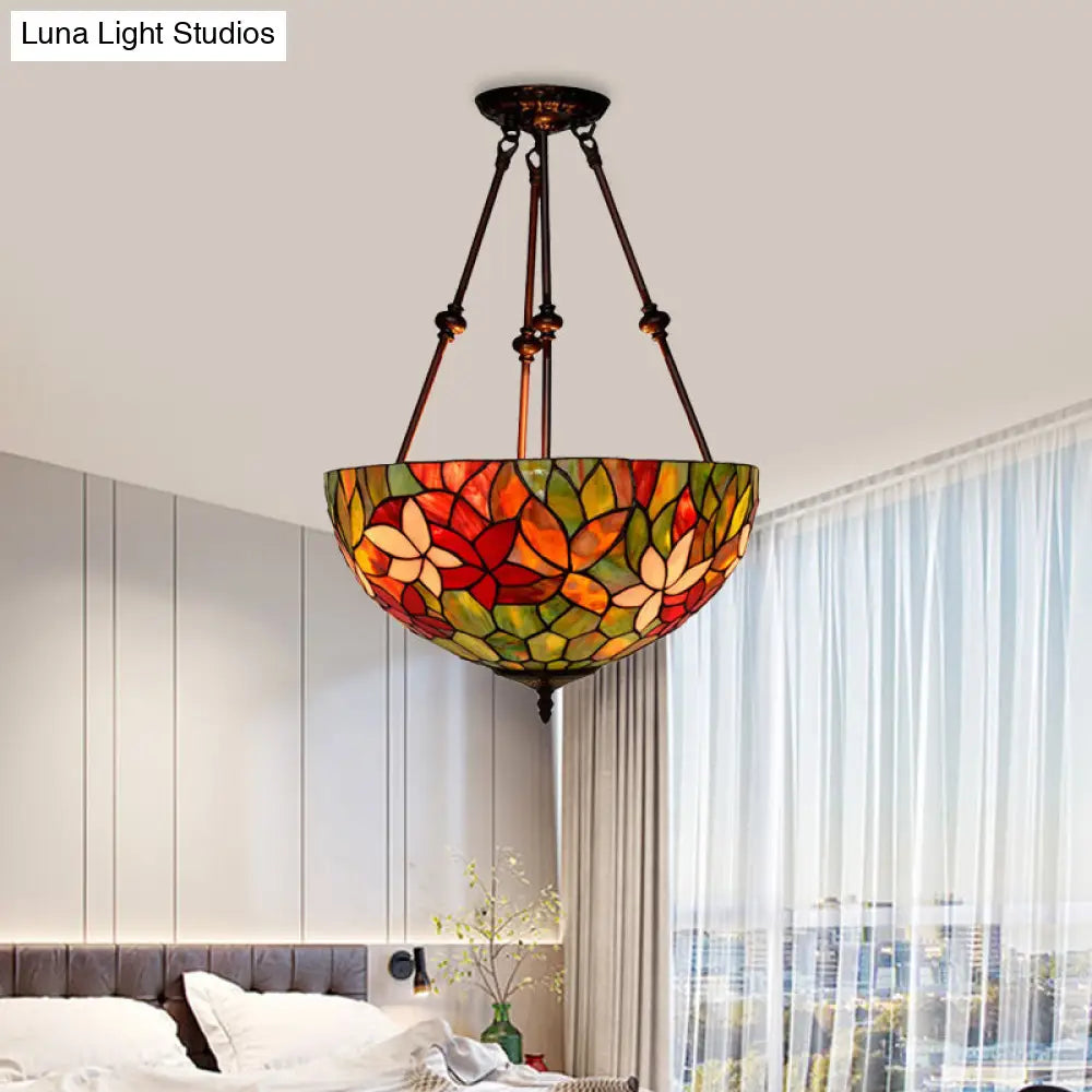 Victorian Stained Glass Ceiling Light With 3 Blossom Semi-Flush Mount Lights In Red/Orange/Green For