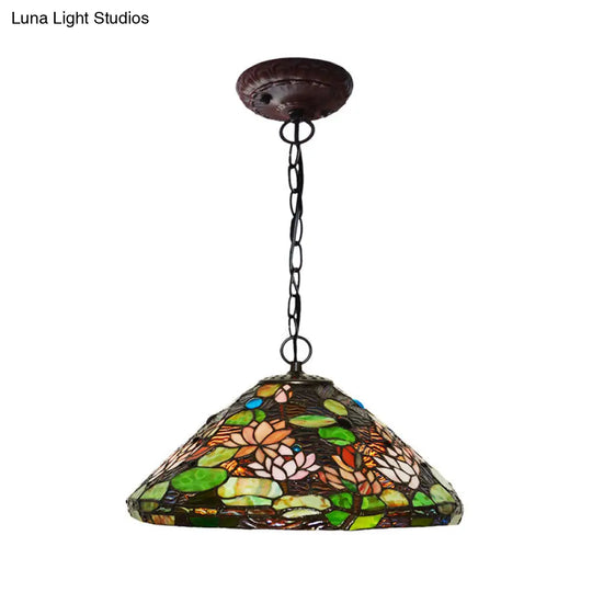 Victorian Style Green Stained Glass Chandelier Pendant With 2 Lights