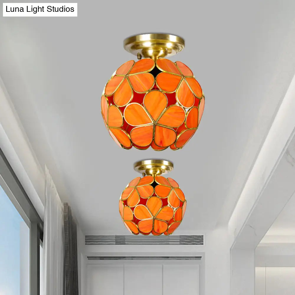 Victorian Stained Glass Flower Ceiling Light In White/Pink/Orange Semi - Mount