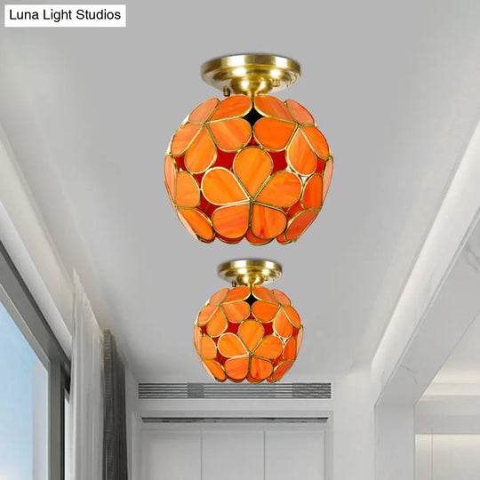 Victorian Stained Glass Flower Ceiling Light In White/Pink/Orange Semi - Mount