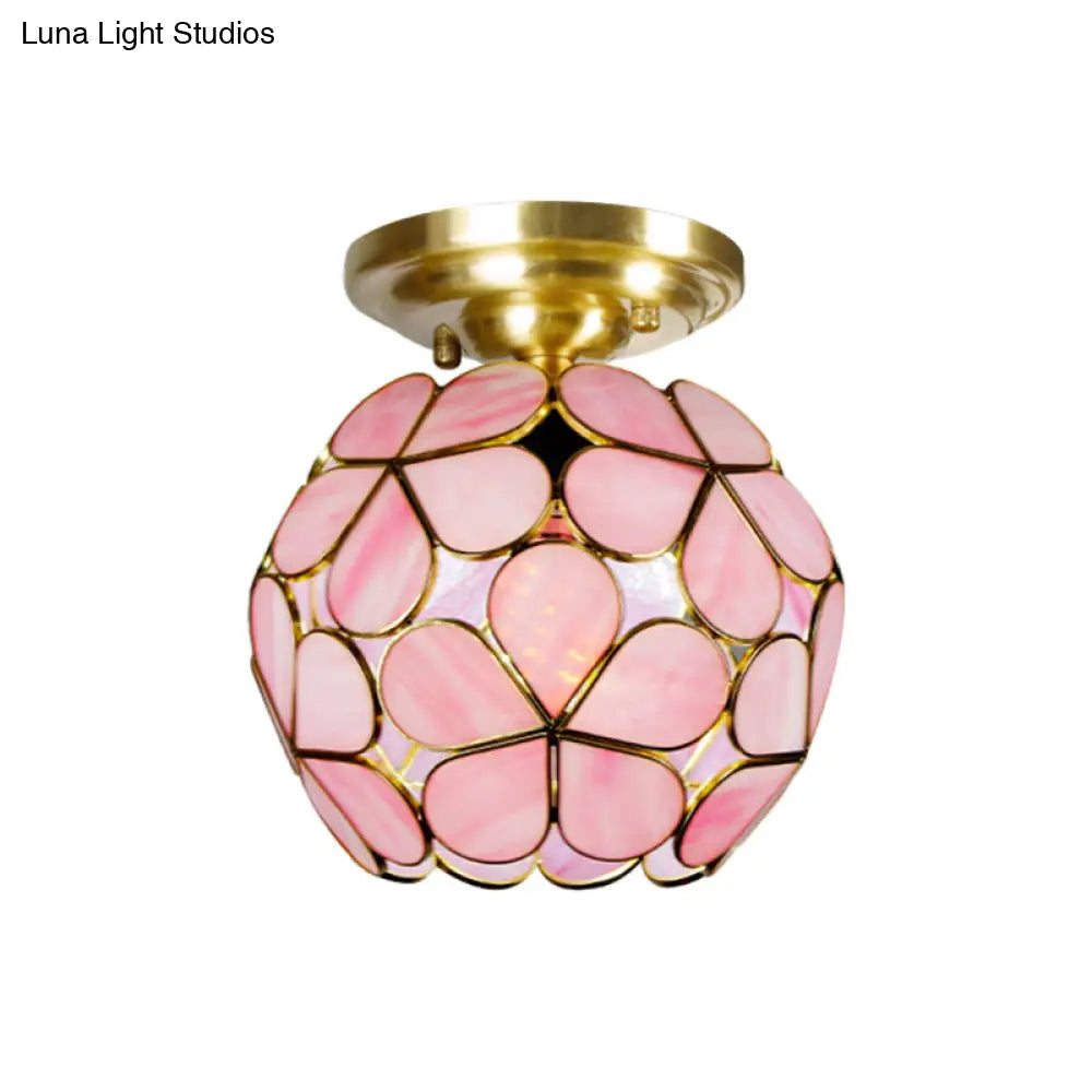 Victorian Stained Glass Flower Ceiling Light In White/Pink/Orange Semi - Mount