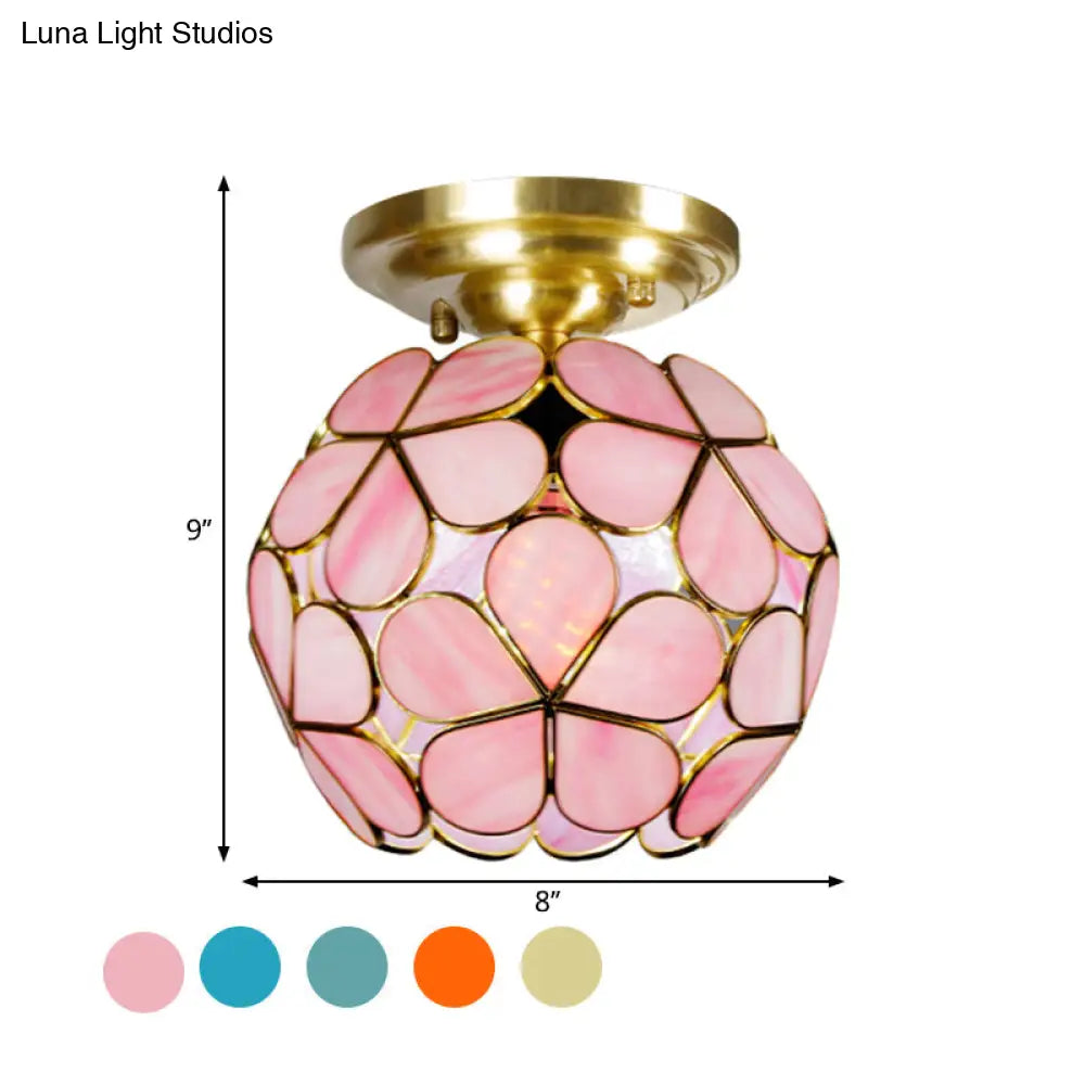 Victorian Style Single Light Flower Ceiling Fixture - White/Pink/Orange Stained Glass Semi Mount