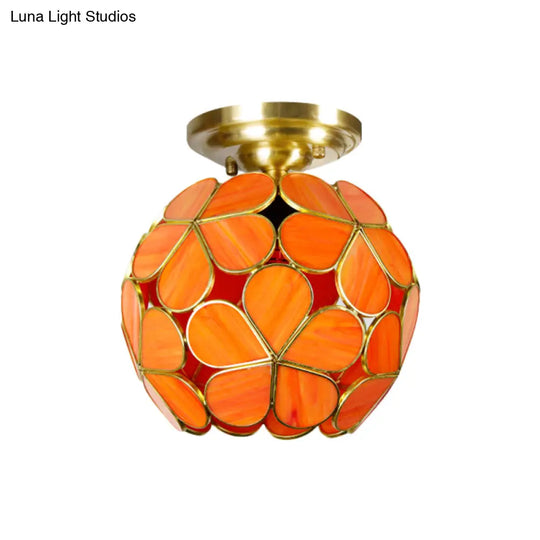Victorian Style Single Light Flower Ceiling Fixture - White/Pink/Orange Stained Glass Semi Mount