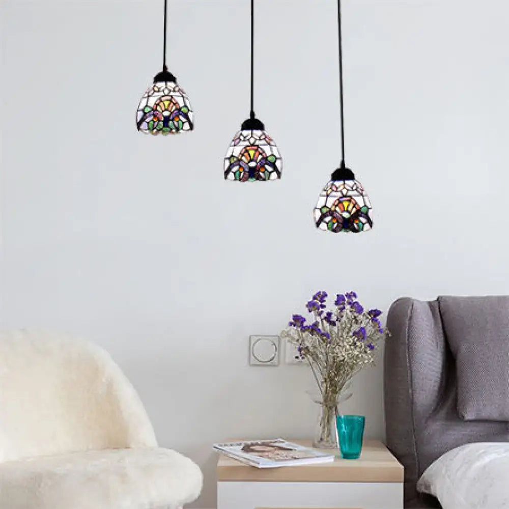 Victorian Stained Glass Hanging Pendant With Domed Design - White 3 Lights Ideal For Dining Room /
