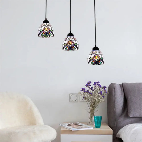 Victorian Stained Glass Hanging Pendant With Domed Design - White 3 Lights Ideal For Dining Room /