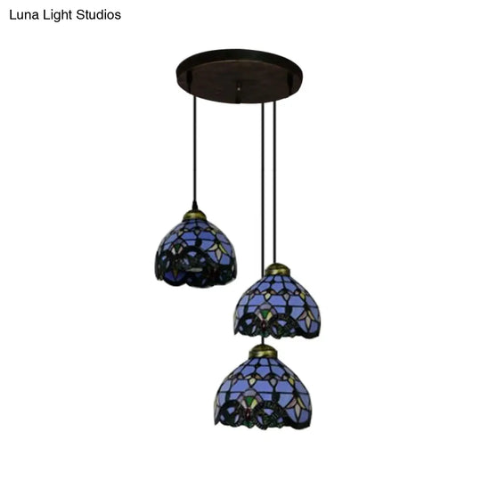 Victorian Stained Glass Pendant Light - White/Blue Linear/Round Design 3 Heads Ideal For Dining Room