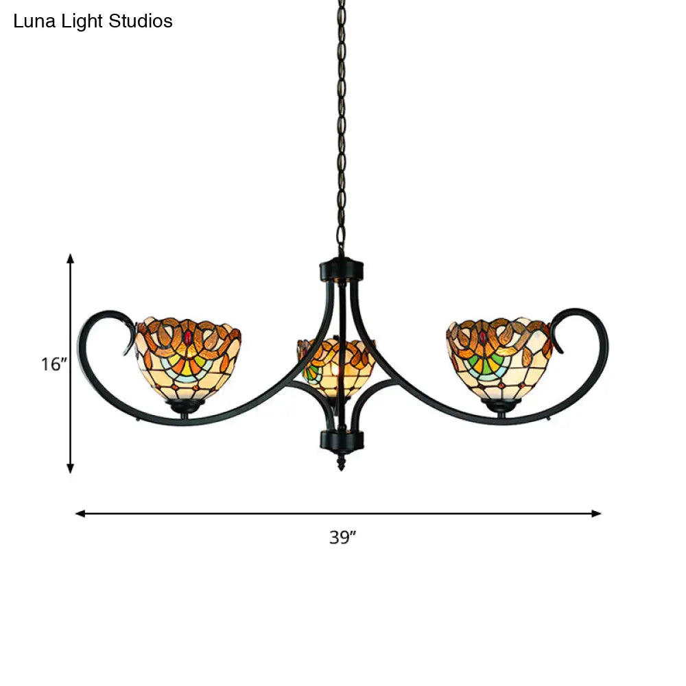 Victorian Stained Glass Pendant Light With Hanging Chain - Beige Chandelier For Dining Room