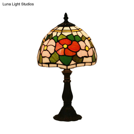 Victorian Stained Glass Pink/Purple Rose Night Lamp With Dome Shade - 1 Light Table Lighting