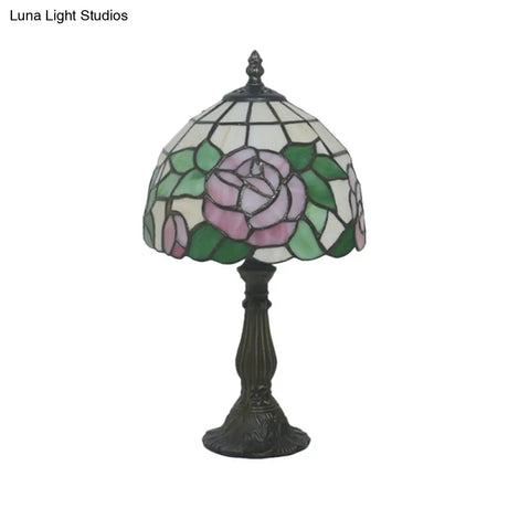 Victorian Stained Glass Pink/Purple Rose Night Lamp With Dome Shade - 1 Light Table Lighting