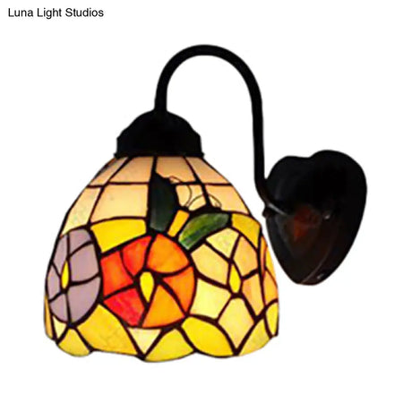 Victorian Stained Glass Wall Mounted Light - Black Dome Sconce With Multi-Colored Flower/Dragonfly