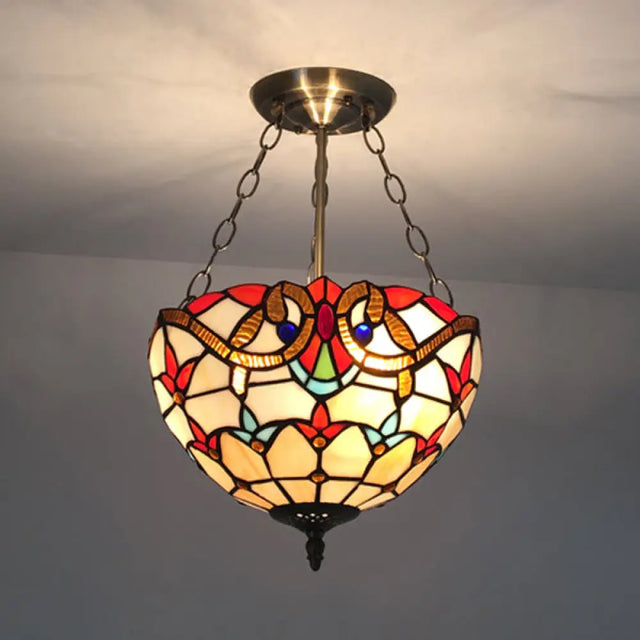 Victorian Style Beige Stained Glass Chandelier For Foyer Ceiling Lighting
