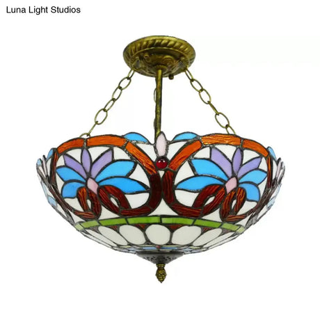 Victorian Tiffany Style Ceiling Fixture - 12’/16’ Wide Bowl Design Light