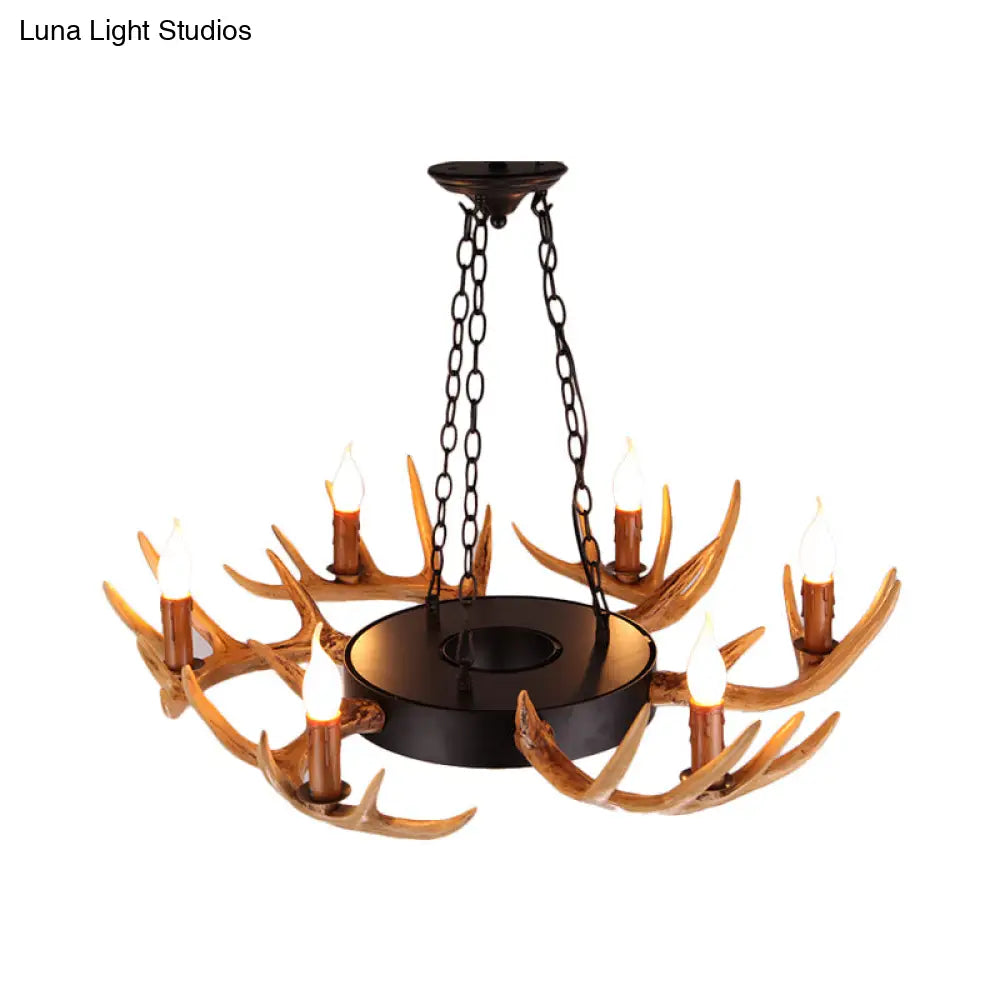 Village Wood Candelabra Chandelier - 6-Light Resin Lamp For Living Room Pendant Lighting