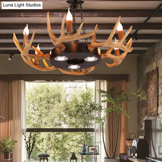 Village Wood Candelabra Chandelier - 6-Light Resin Lamp For Living Room Pendant Lighting