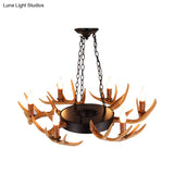 Village Wood Candelabra Chandelier - 6-Light Resin Lamp For Living Room Pendant Lighting