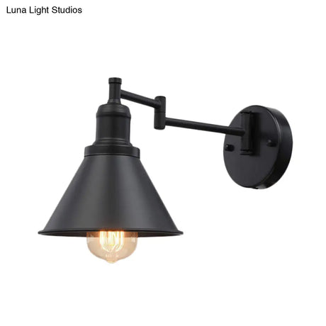 Vintage 1-Bulb Swing Arm Iron Sconce Lighting In Black For Coffee Shops - Conical Shade Wall Lamp