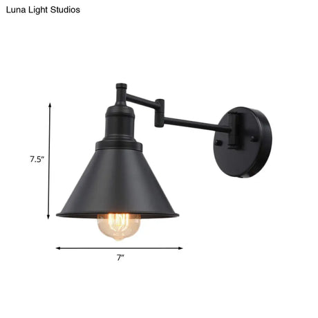 Vintage 1-Bulb Swing Arm Iron Sconce Lighting In Black For Coffee Shops - Conical Shade Wall Lamp