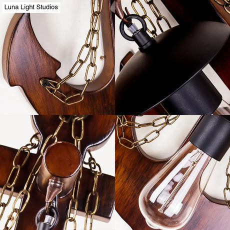 Vintage 1-Head Black Metal Wall Sconce With Wooden Anchor Decoration For Dining Room