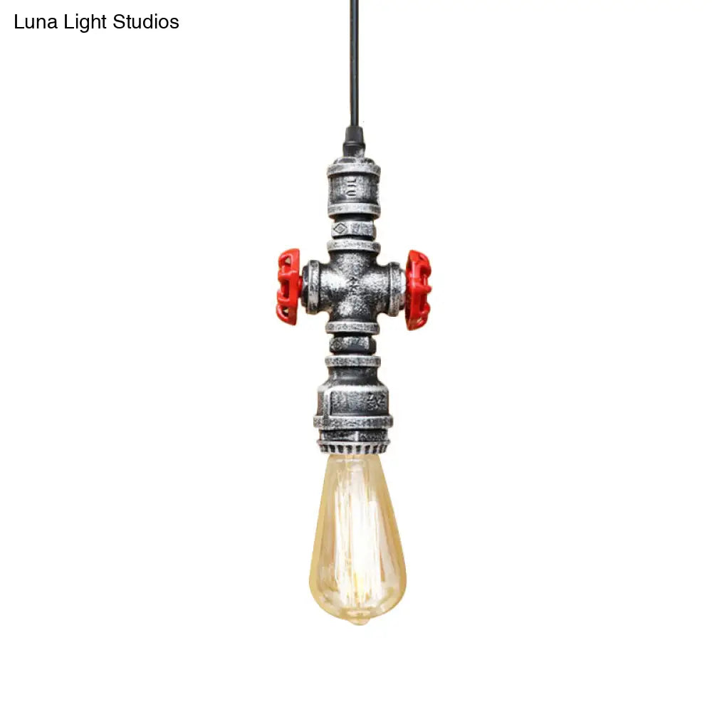 Vintage 1-Head Metal Pendant Light With Exposed Bulb - Antique Black/Silver Finish For Restaurant