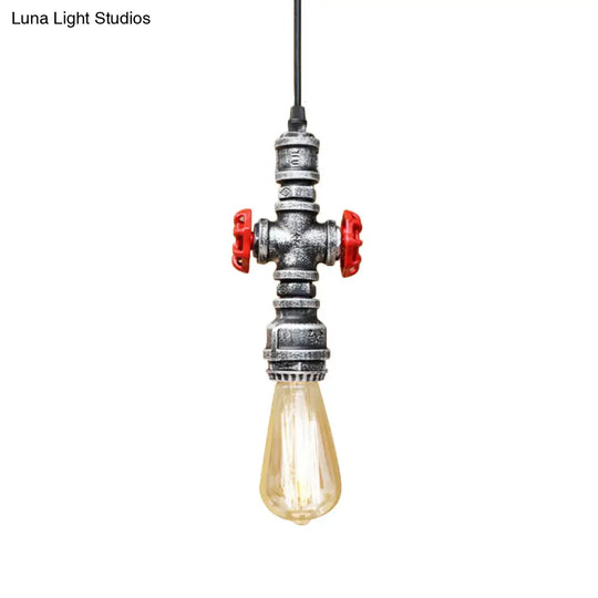 Vintage 1-Head Metal Pendant Light With Exposed Bulb - Antique Black/Silver Finish For Restaurant