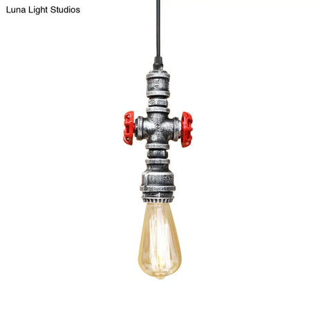 Vintage 1-Head Metal Pendant Light With Exposed Bulb - Antique Black/Silver Finish For Restaurant