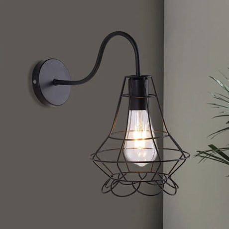 Vintage 1 Head Metallic Wall Light Fixture With Curved Arm - Vase Cage Design For Restaurants Black