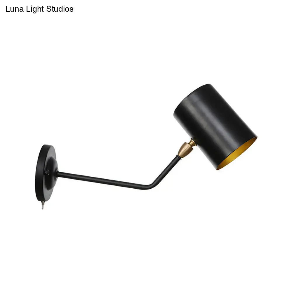 Vintage 1-Light Wall Mount Iron Sconce Lamp In Black With Cylinder Shade - Ideal For Study Room