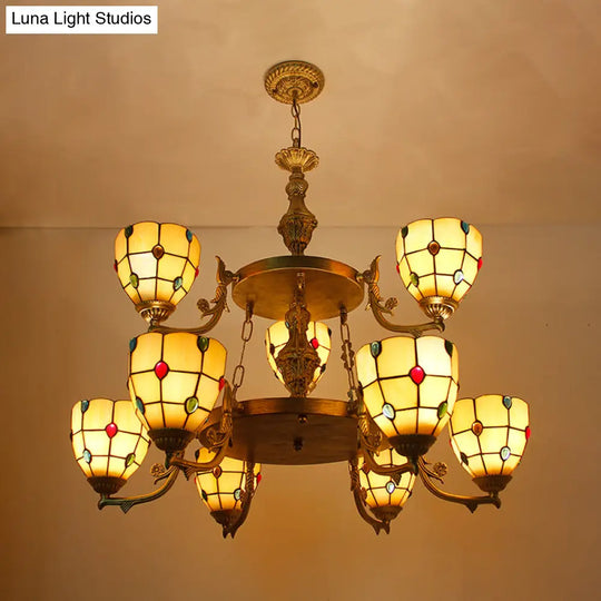 Vintage 2-Tier Beaded Chandelier: Clear/Yellow Glass Pendant Ceiling Light Yellow