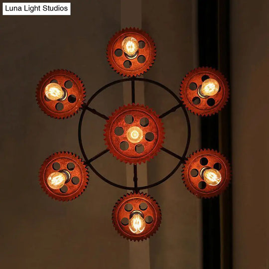 Dark Rust Metal Chandelier Light With Antique Style - 3/7 Heads Gear Pendant Lighting Fixture For