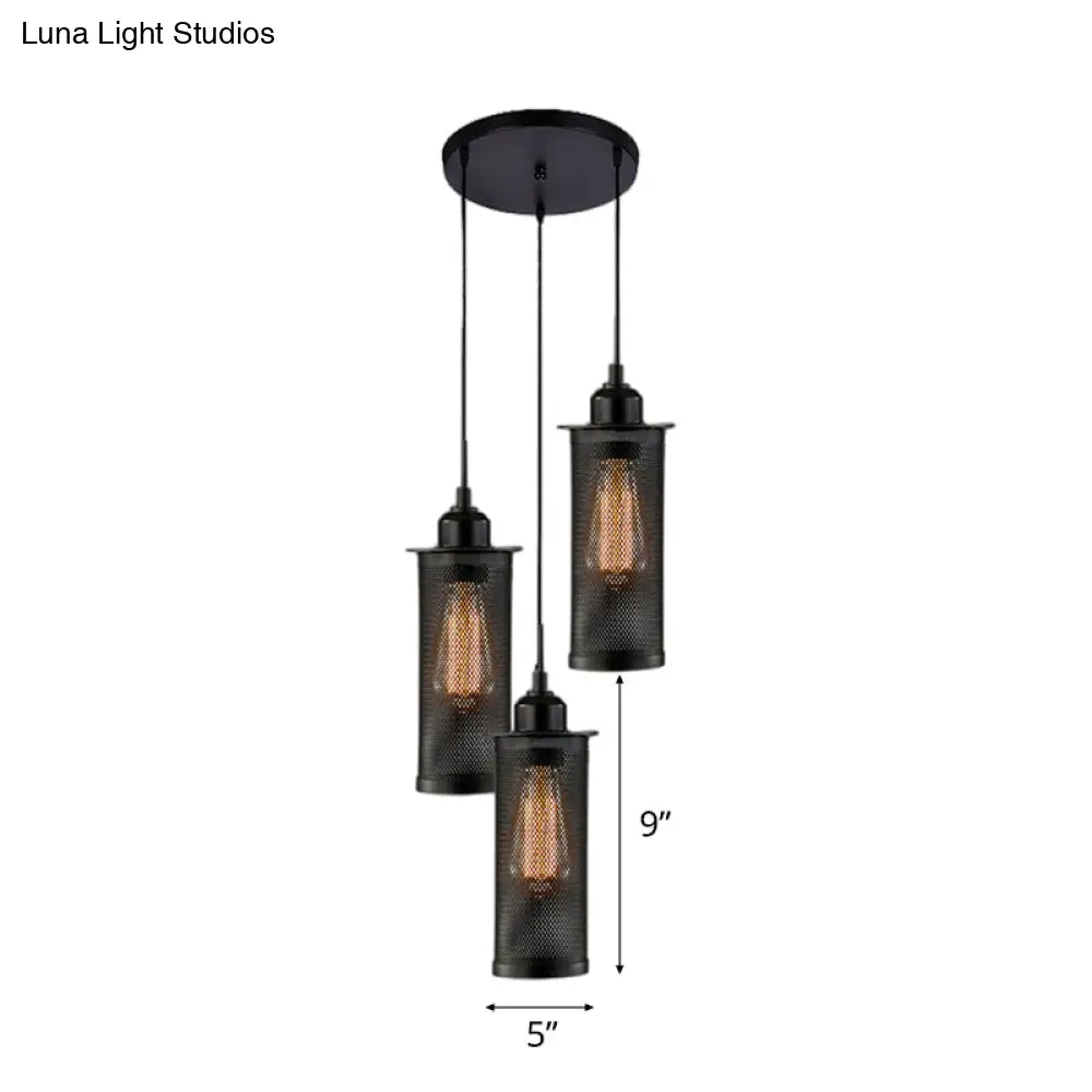 Vintage 3/8 Bulbs Pendant Light With Mesh Shade - Stylish Kitchen Ceiling Fixture In Black