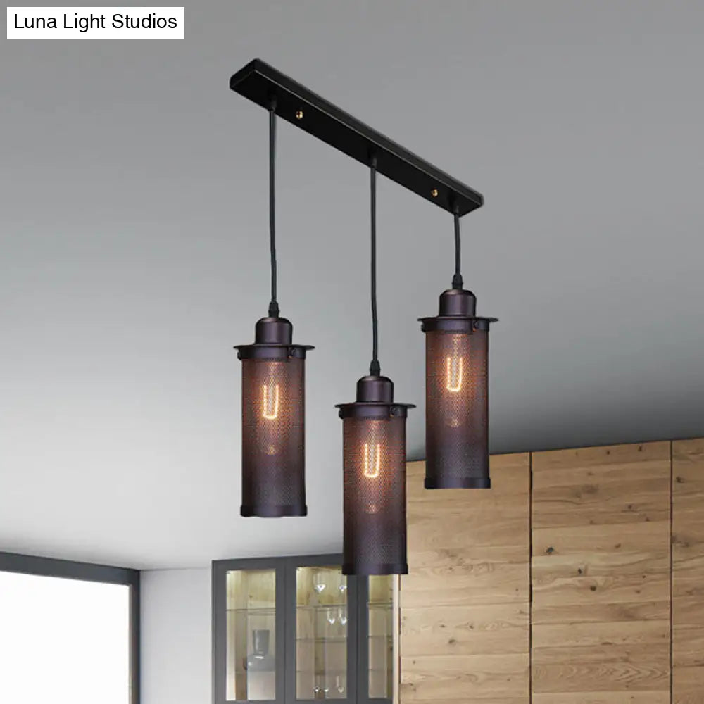 Vintage 3/8 Bulbs Pendant Light With Mesh Shade - Stylish Kitchen Ceiling Fixture In Black