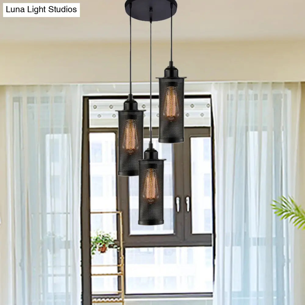 Vintage 3/8 Bulbs Pendant Light With Mesh Shade - Stylish Kitchen Ceiling Fixture In Black 3 /